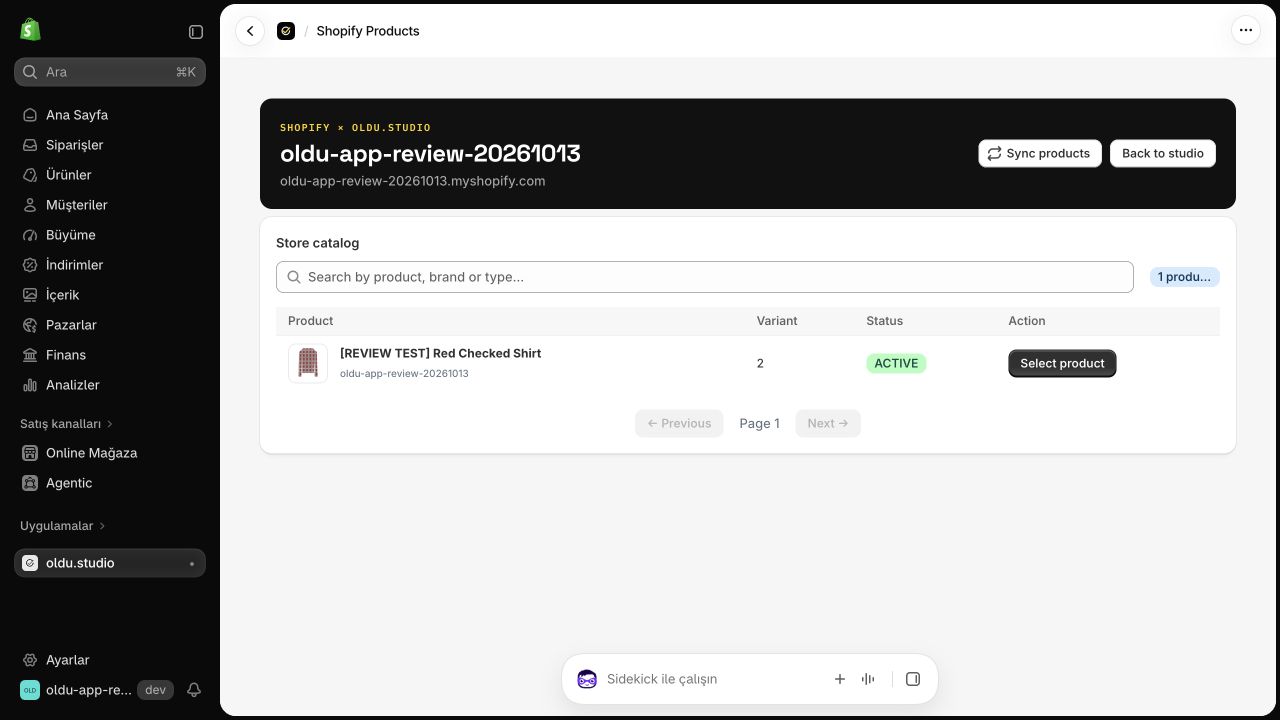 Shopify product catalog with the Select product button